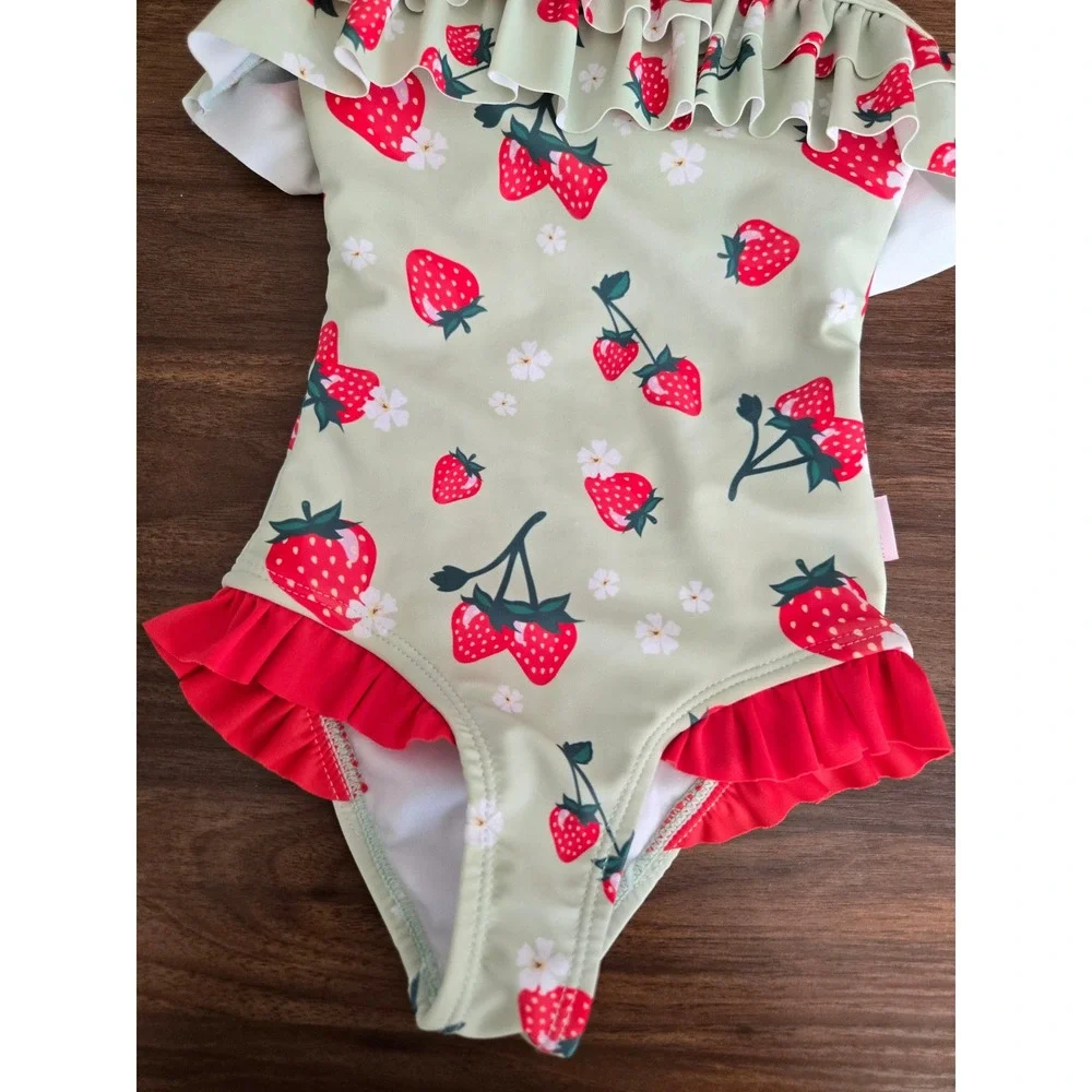 Seafolly‎ Girls Strawberry Ruffle One Piece Swimsuit Sage Green Red Size 2 92cm
